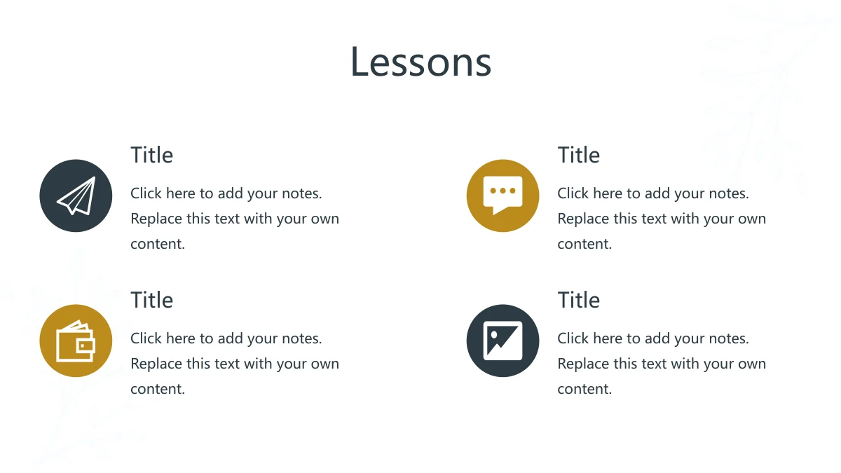 Gold Leaf Teacher Review Presentation Template, slide 11: Four experience notes form two rows. Paper-plane, message, wallet and picture icons sit in alternating slate and gold circles.