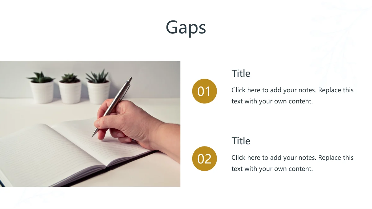 Gold Leaf Teacher Review Presentation Template, slide 12: A notebook-writing photo fills the left side. Gold 01 and 02 circles introduce two headings and improvement notes at right.
