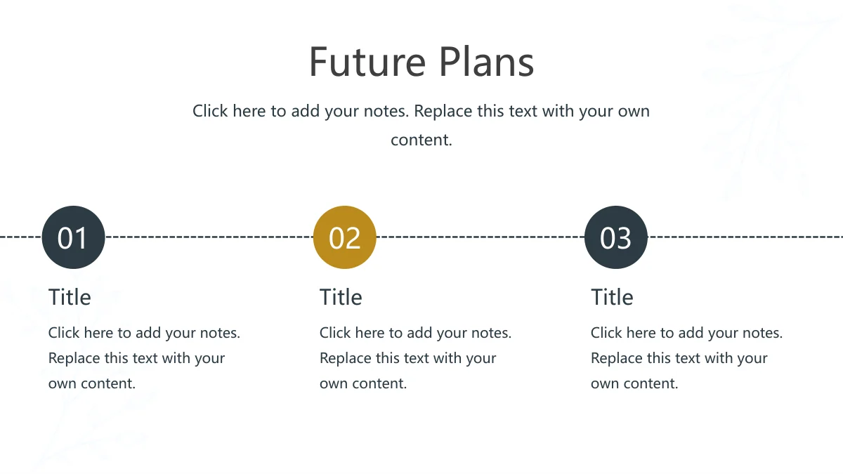 Gold Leaf Teacher Review Presentation Template, slide 15: A dotted horizontal line links slate, gold and slate circles numbered 01–03. Headings and notes sit below, with a paragraph above.