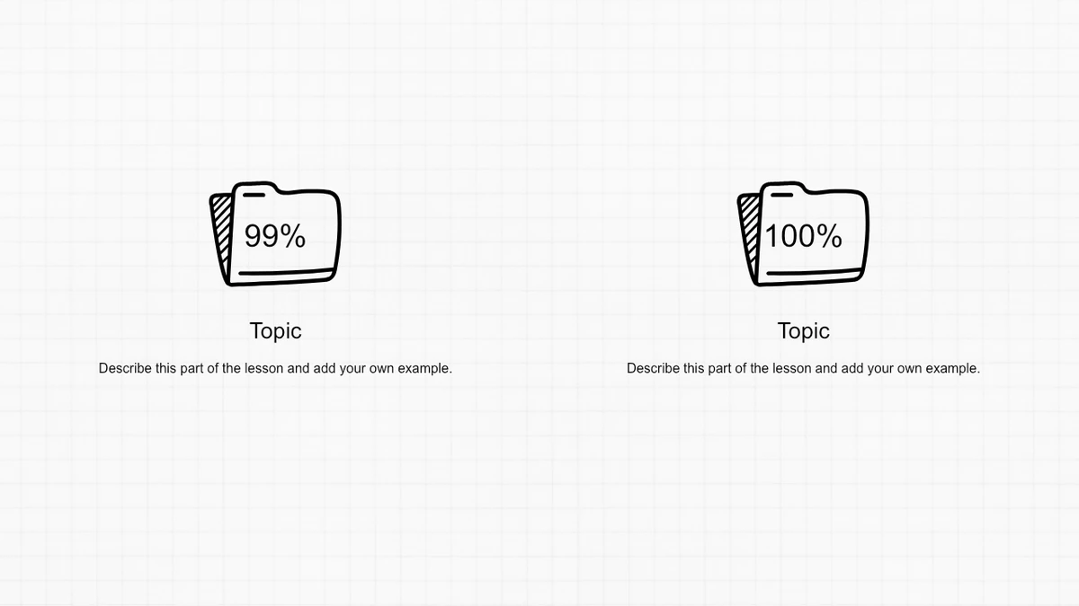 Rencana Pelajaran pada Kertas Berpetak, slide 8: Dua gambar folder disertai contoh 99% dan 100% yang ditulis sebagai label teks.