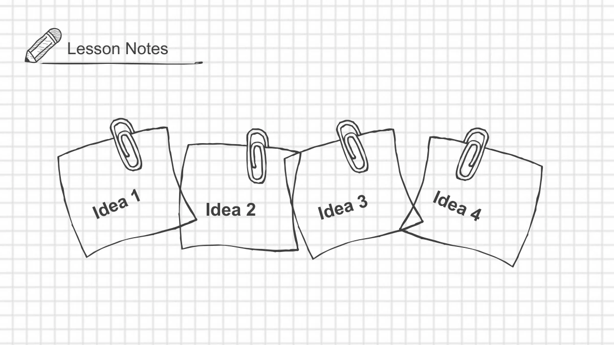 Empat helaian bertindih tergantung pada klip kertas yang dilukis, dengan Idea 1 hingga Idea 4 di tengah halaman senget.