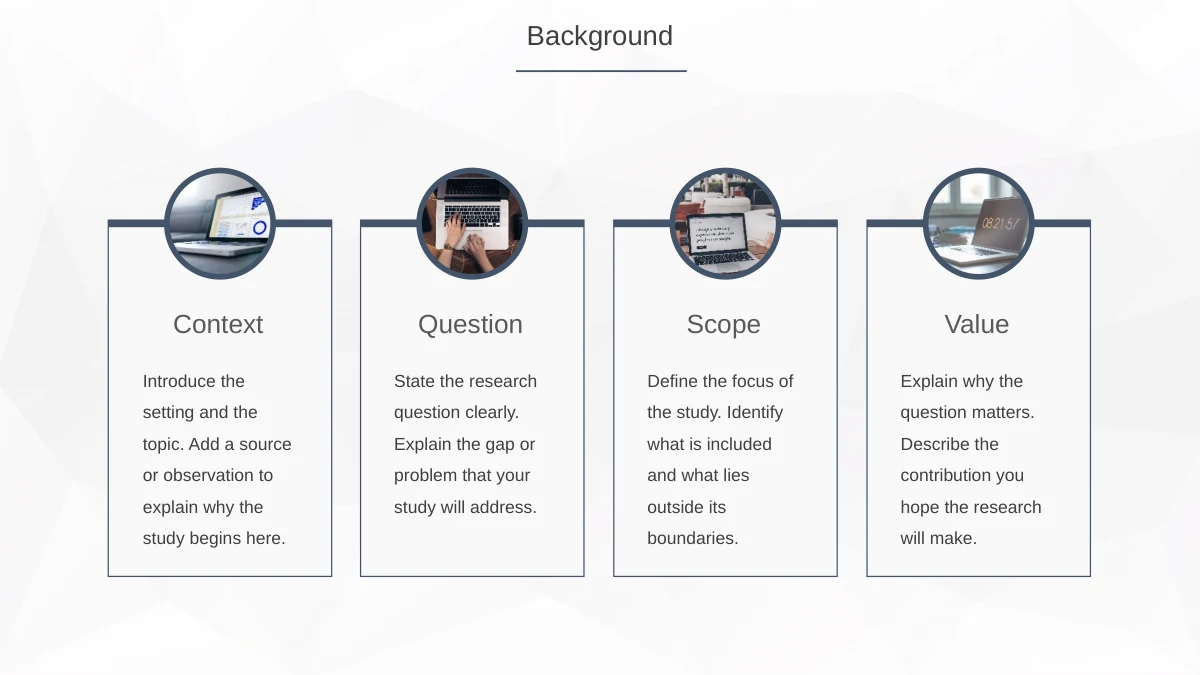 Slide 4: Four circular photographs accompany Context, Question, Scope and Value, with short editable explanations beneath the headings.