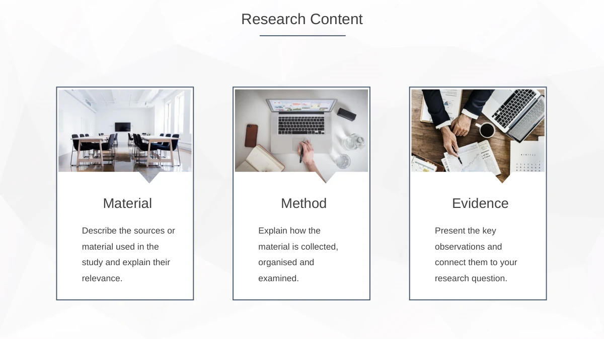 Slide 10: Three photographs accompany Material, Method and Evidence, with editable text for the proposed study.