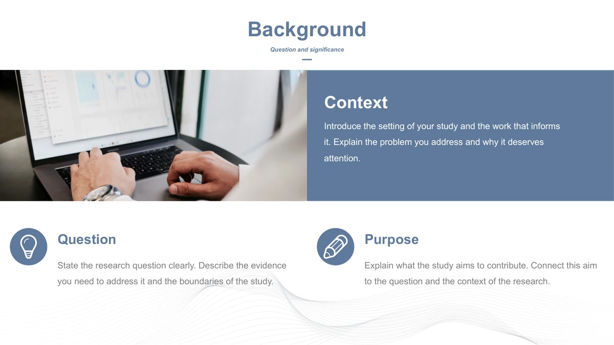 Slide 4: A wide laptop photograph sits beside a blue Context panel. Question and Purpose notes with lightbulb and pencil icons occupy the lower half.