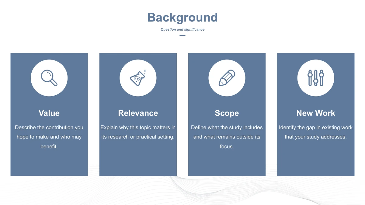 Slide 5: Four blue cards present Value, Relevance, Scope and New Work. White circles hold native line icons of a magnifying glass, flask, pencil and adjustment controls.