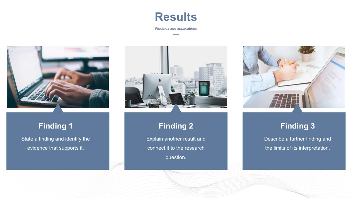 Slide 12: Three photo cards show a typing laptop scene, a bright office desk and someone writing beside a laptop. Blue panels below contain Finding 1, Finding 2 and Finding 3 prompts.
