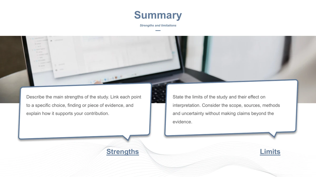 Slide 15: A wide laptop photograph spans the upper portion. Two white speech bubbles overlap its lower edge, with separate Strengths and Limits labels beneath them.