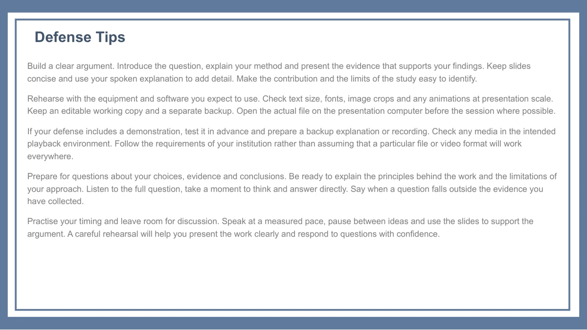 Slide 19: Defense Tips heads five paragraphs inside a blue double frame. The guidance covers a clear argument, rehearsal, backups, demonstration checks, questions and timing.
