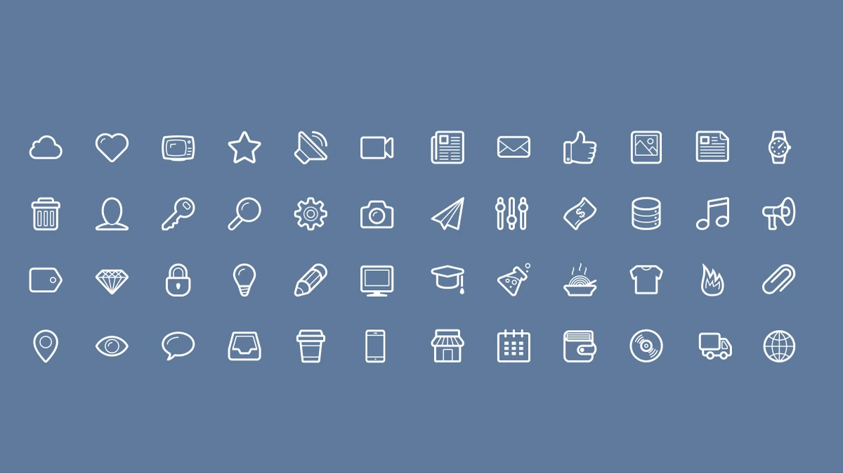 Slide 20: Forty-eight white line icons form four rows of twelve on a blue background. The original editable shapes include a camera, calendar, magnifying glass, graduation cap and globe.