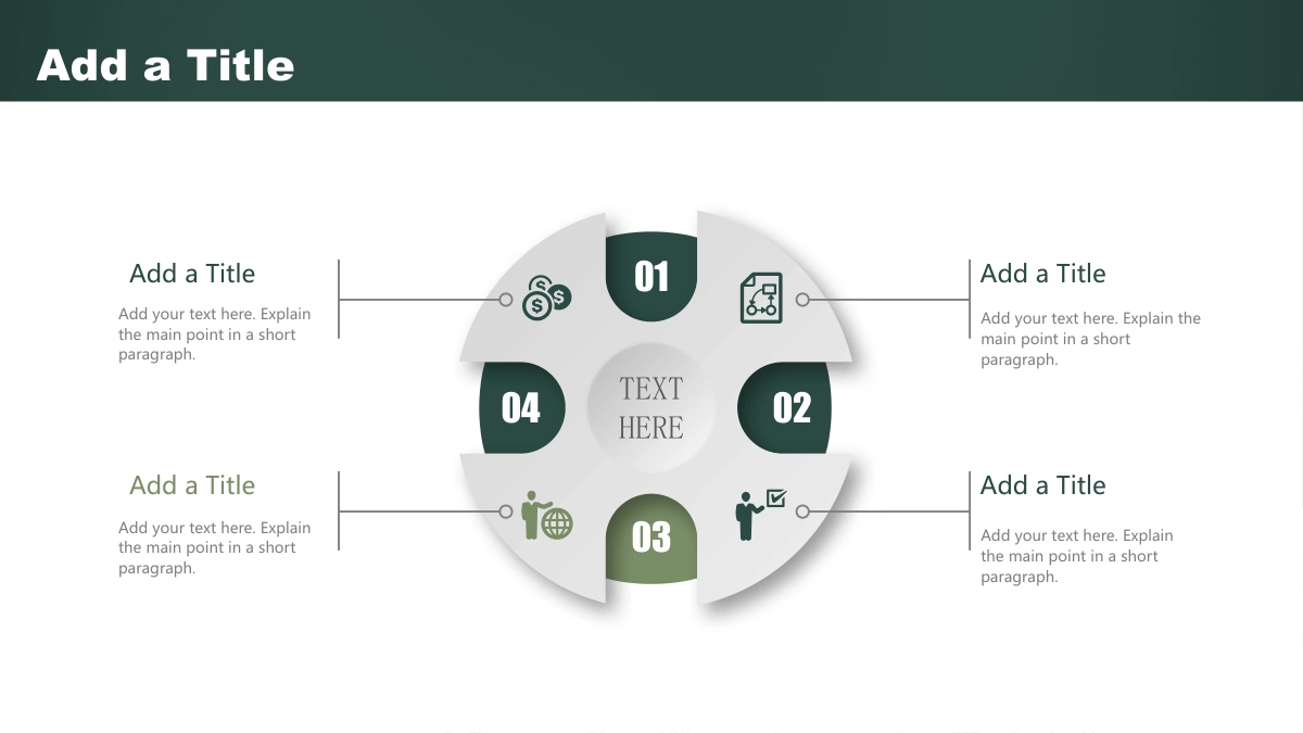 Green Chalkboard Lesson Presentation Template, slide 4: Four separated gray segments surround a central text circle, with numbered green insets, small icons and connector lines to four note groups.
