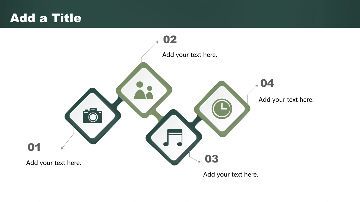 Green Chalkboard Lesson Presentation Template, slide 5: Four diamond panels form a rising and falling chain, carrying camera, people, music and clock icons beside numbered notes.