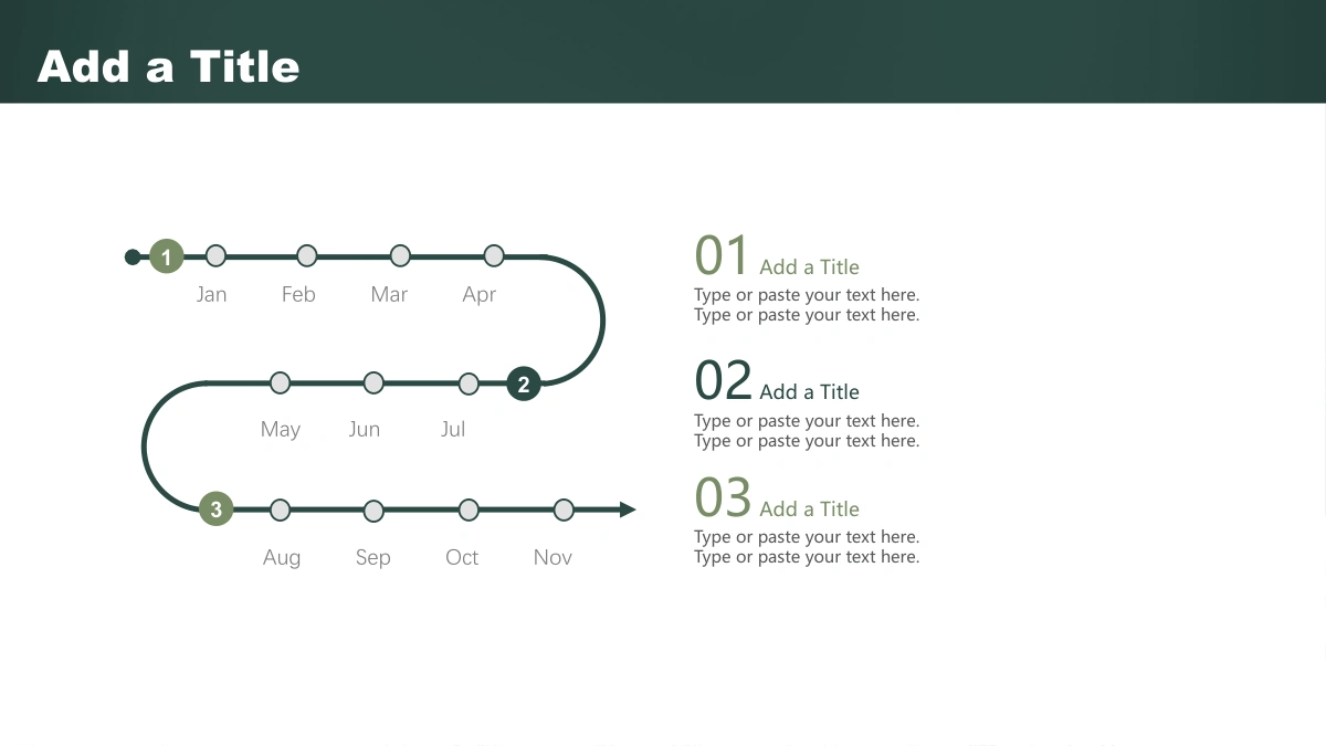 Green Chalkboard Lesson Presentation Template, slide 6: A winding green line connects month markers from January to November on the left. Three numbered explanation groups form a column on the right.