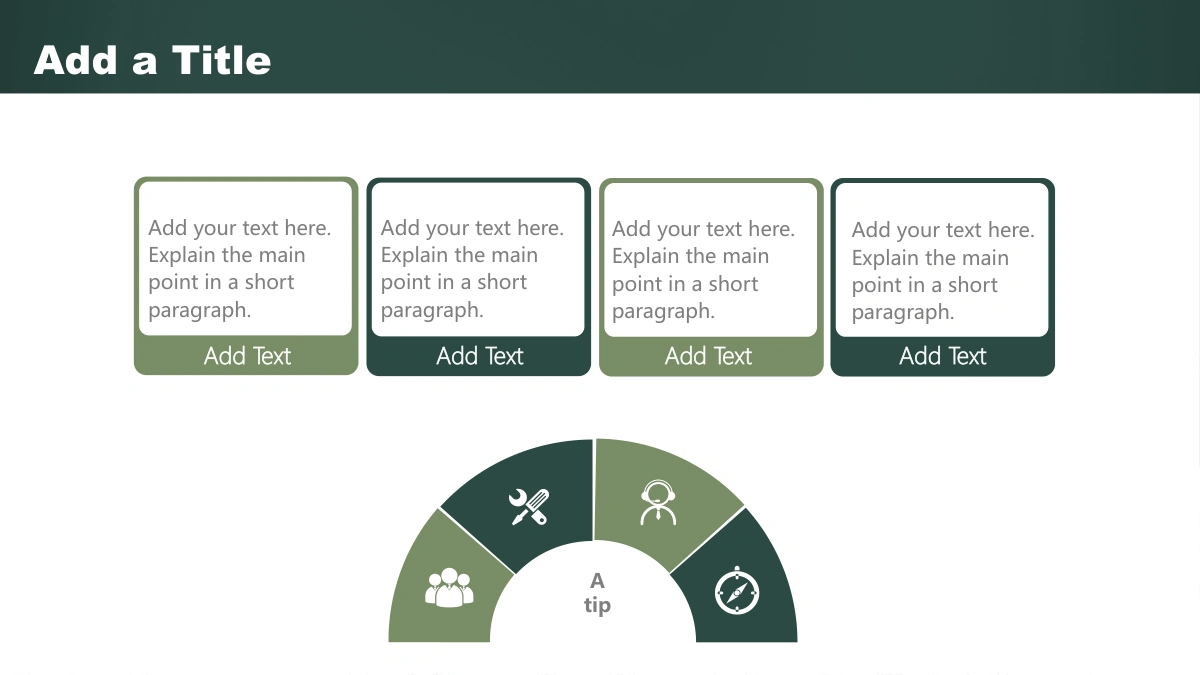 Green Chalkboard Lesson Presentation Template, slide 7: Four alternating sage and dark green cards sit above a four-part semicircle with people, tools, headset and compass icons.