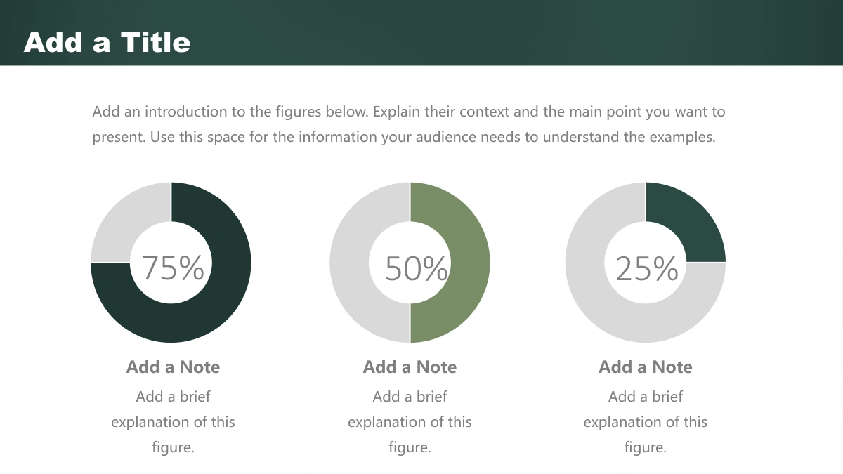 Green Chalkboard Lesson Presentation Template, slide 8: Three ring-chart examples sit under an introduction, with separate central labels of 75%, 50% and 25% and notes beneath each ring.