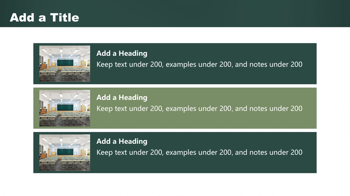 Green Chalkboard Lesson Presentation Template, slide 9: Three wide bands alternate dark green and sage, each pairing a classroom image on the left with a heading and short explanation on the right.
