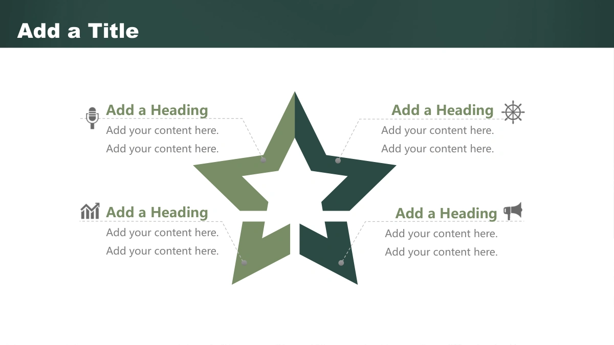 Green Chalkboard Lesson Presentation Template, slide 10: A large open-centered star uses alternating green segments. Four icon-led note groups connect to points around it with dotted lines.