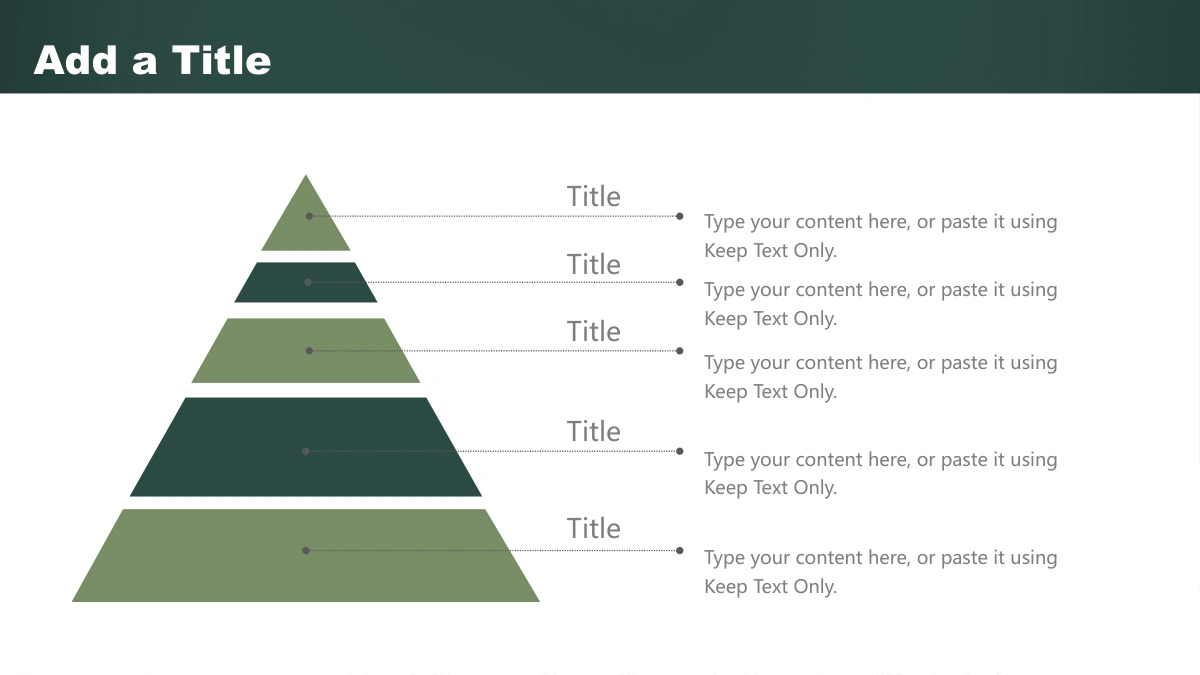 Green Chalkboard Lesson Presentation Template, slide 12: A five-level pyramid alternates sage and dark green on the left, with dotted connectors leading to a separate heading and note for each level.