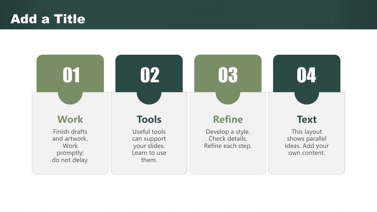 Green Chalkboard Lesson Presentation Template, slide 13: Four tall cards numbered 01–04 use alternating green tabs above pale text areas, giving each point its own heading and short notes.