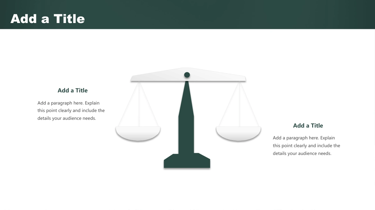 Green Chalkboard Lesson Presentation Template, slide 15: A large balance scale stands between two heading-and-note groups, with a dark green support and two pale bowls.
