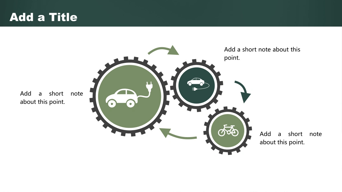 Green Chalkboard Lesson Presentation Template, slide 16: Three gear shapes contain two car symbols and a bicycle. Curved arrows connect them, with short notes around the arrangement.
