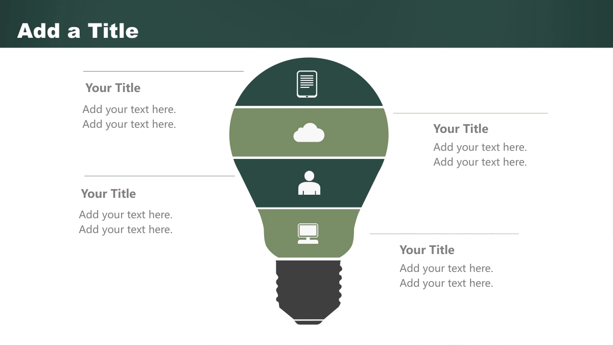 Green Chalkboard Lesson Presentation Template, slide 18: A large lightbulb is divided into four green bands carrying phone, cloud, person and monitor icons. Four note groups sit on either side.