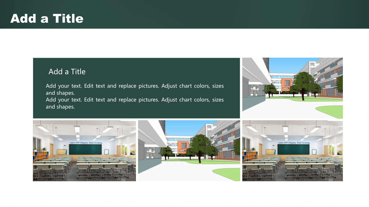 Green Chalkboard Lesson Presentation Template, slide 19: A dark green text panel joins four image areas showing a classroom and an illustrated campus with buildings and trees.
