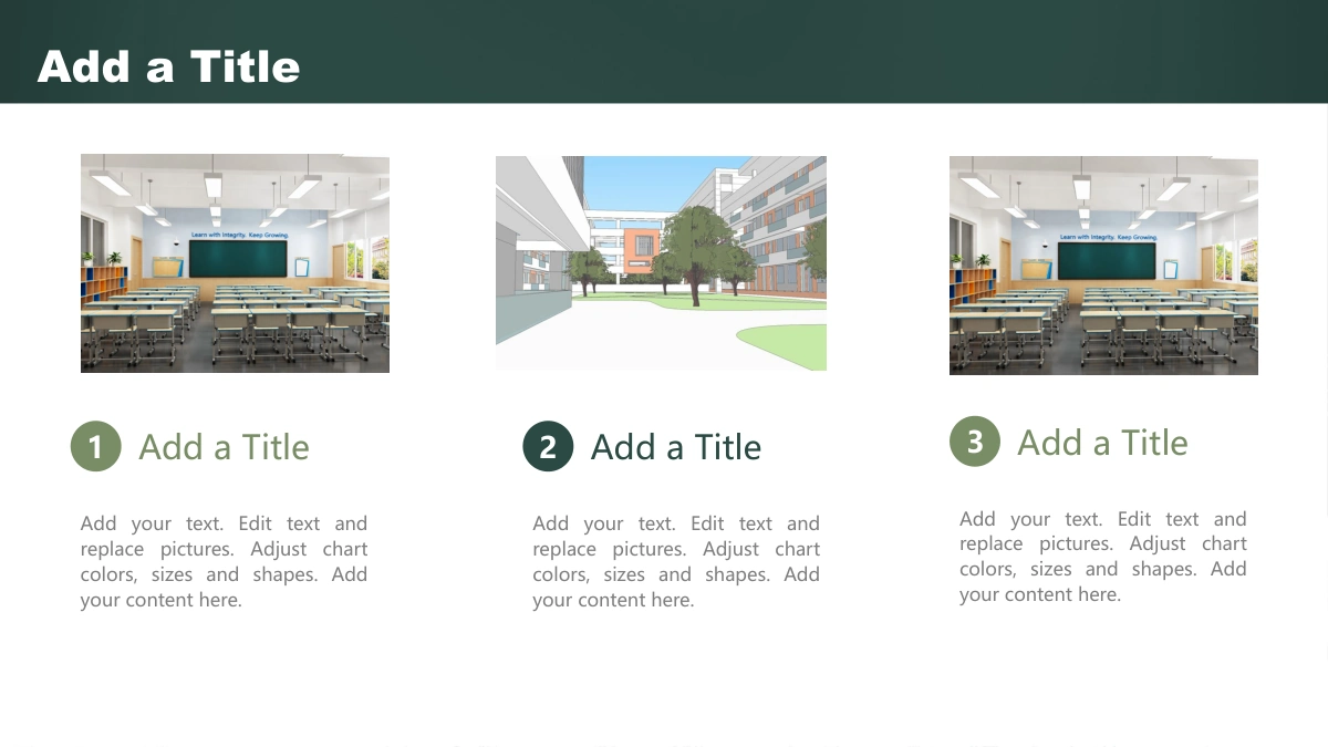 Green Chalkboard Lesson Presentation Template, slide 22: Three columns show a classroom, an illustrated campus and a classroom again, each above a numbered heading and paragraph.