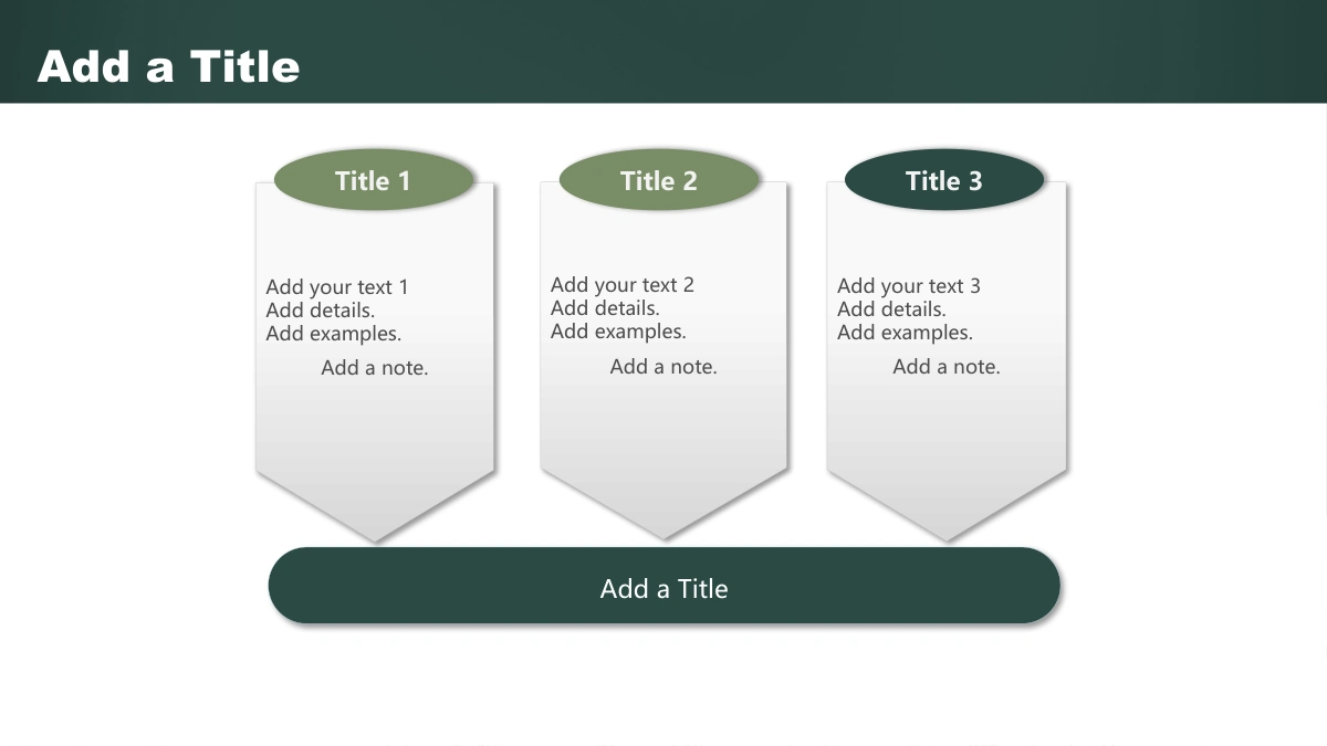 Green Chalkboard Lesson Presentation Template, slide 23: Three pale banners hang below oval green headings, with short notes inside and a long dark green heading band beneath them.