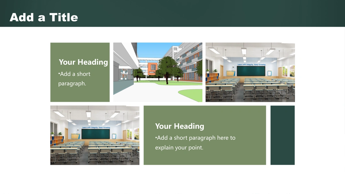 Green Chalkboard Lesson Presentation Template, slide 24: An illustrated campus and two classroom image areas alternate with sage text blocks, under a dark green title band.