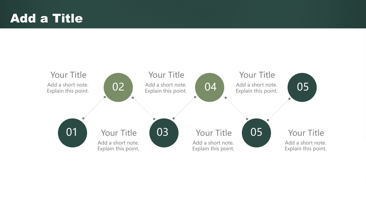 Green Chalkboard Lesson Presentation Template, slide 26: Six alternating green circles connect along a zigzag with notes above and below. Original number labels read 01, 02, 03, 04, 05 and 05.