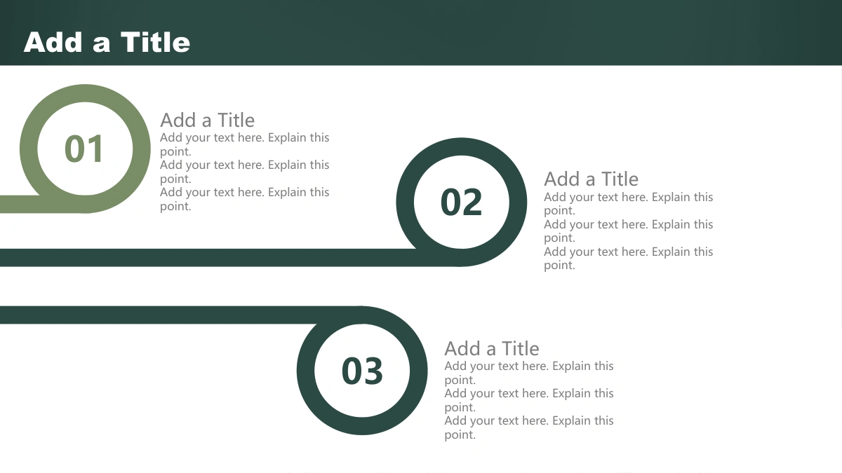 Green Chalkboard Lesson Presentation Template, slide 27: Three thick green bands extend from the left and loop around circles numbered 01–03, each beside a heading and short notes.