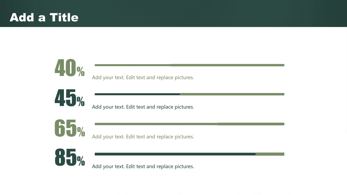 Green Chalkboard Lesson Presentation Template, slide 29: Four horizontal bars alternate green tones beside large separate labels of 40%, 45%, 65% and 85%, with short notes below the bars.