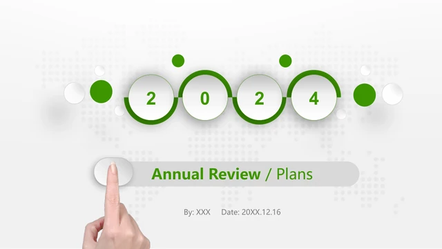 Green Touch Annual Review Presentation Template: Four raised discs display 2024 above a grey title bar with green lettering. A fingertip touches the bar, with presenter and date fields over a pale dotted world map.