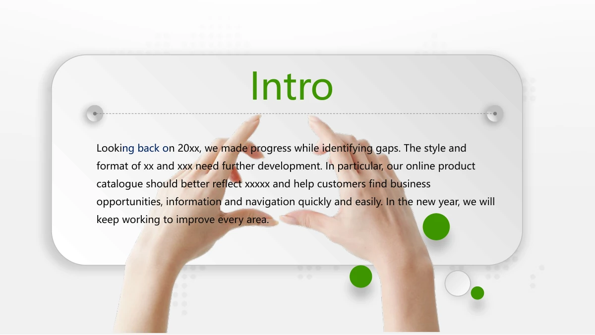 Green Touch Annual Review Presentation Template: Two pinching-hand cutouts overlap the top of a large raised white panel. A green preface heading and an opening paragraph sit inside the rounded panel.