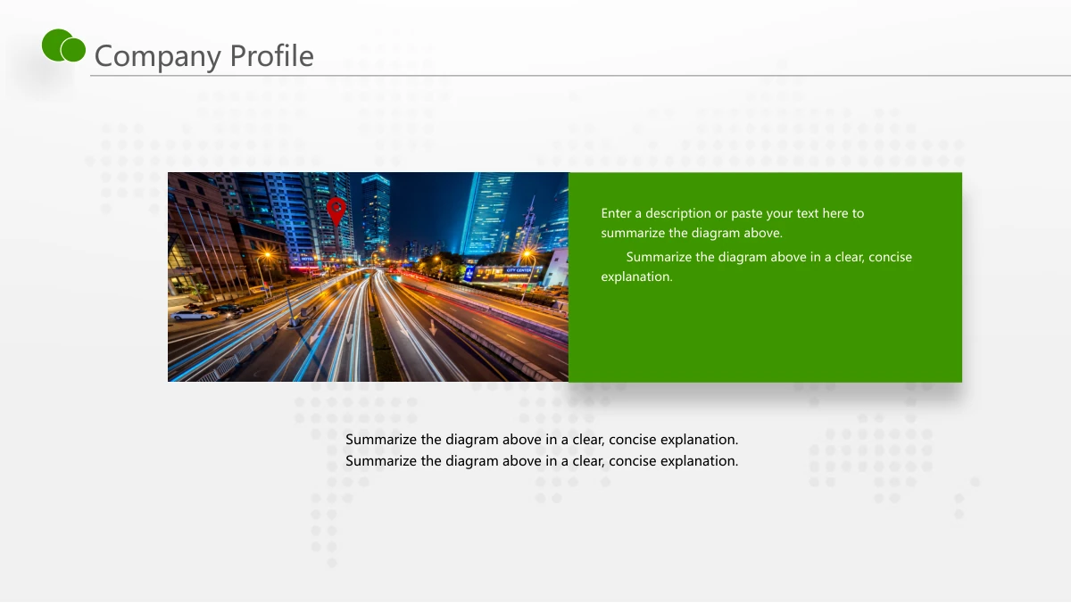Green Touch Annual Review Presentation Template: A night-city photograph with traffic light trails fills the left side of a split panel. A green text block sits beside it, with an additional paragraph underneath.