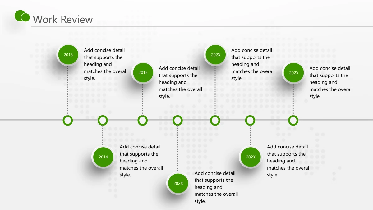Green Touch Annual Review Presentation Template: Seven year badges alternate above and below a thin horizontal line. Plain text notes sit beside the circular green badges, which connect to seven points on the axis.