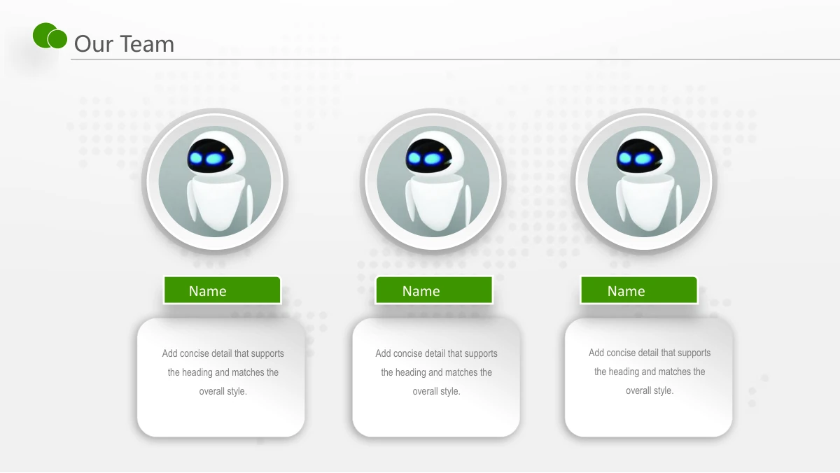 Green Touch Annual Review Presentation Template: Three circular white robot portraits sit above green nameplates and raised white paragraph cards. The three columns share the same portrait and card structure.