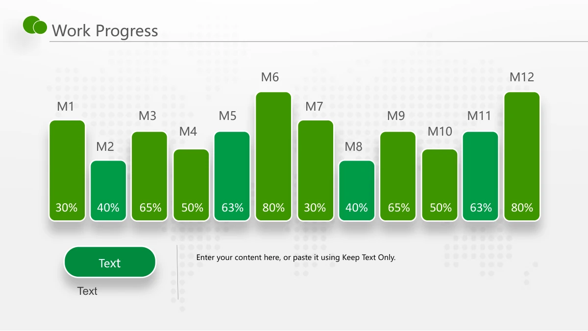 Green Touch Annual Review Presentation Template: Twelve green and emerald bars run across a light horizontal axis. Month labels, small note areas and percentage examples accompany the manually drawn columns.