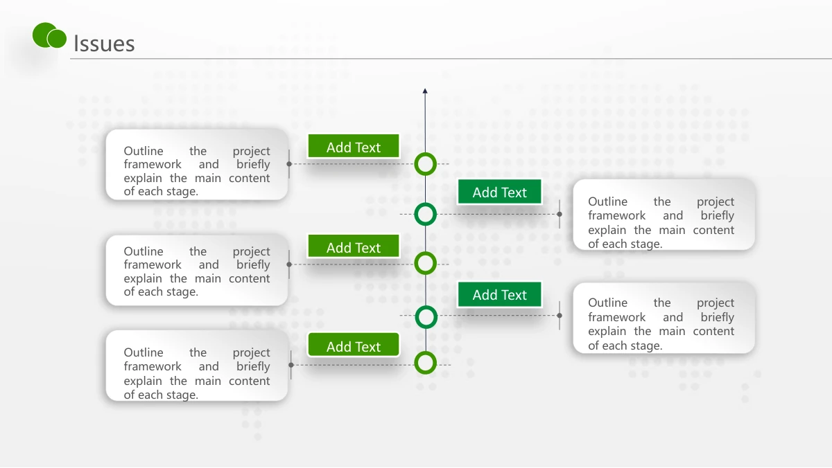 Green Touch Annual Review Presentation Template: Five hollow circles mark a vertical line. Raised white note cards alternate left and right, with green horizontal title tabs extending toward the line.