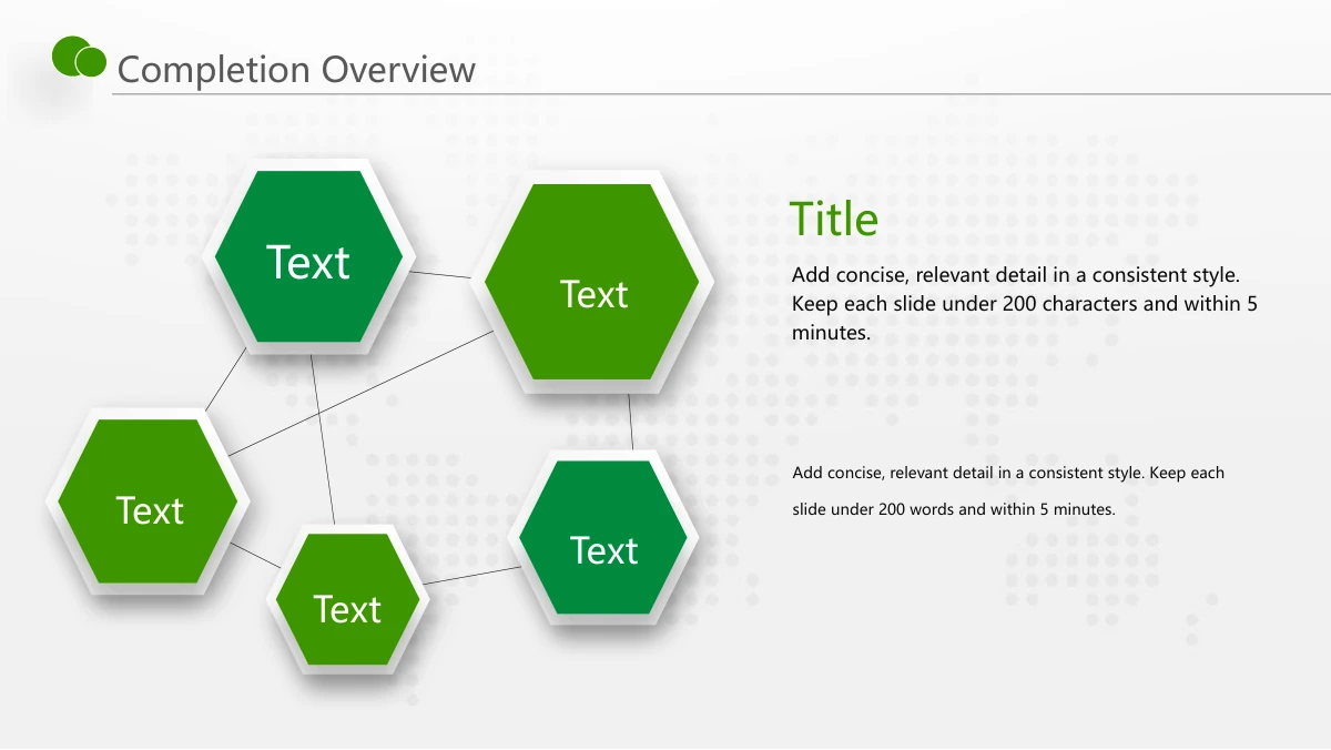 Green Touch Annual Review Presentation Template: A cluster of five green hexagons occupies the left side. The heading and two short text areas on the right explain the connected topics.