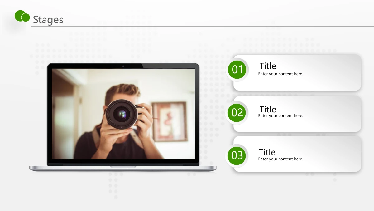 Green Touch Annual Review Presentation Template: A laptop frame displays a person holding a camera. Three raised rounded white cards on the right carry green numbered discs and short notes.