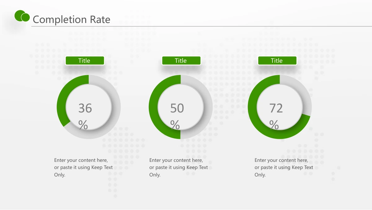 Green Touch Annual Review Presentation Template: Three pale circular rings have green progress segments and central percentage examples. Small green heading tabs sit above the rings, with a separate paragraph below each.