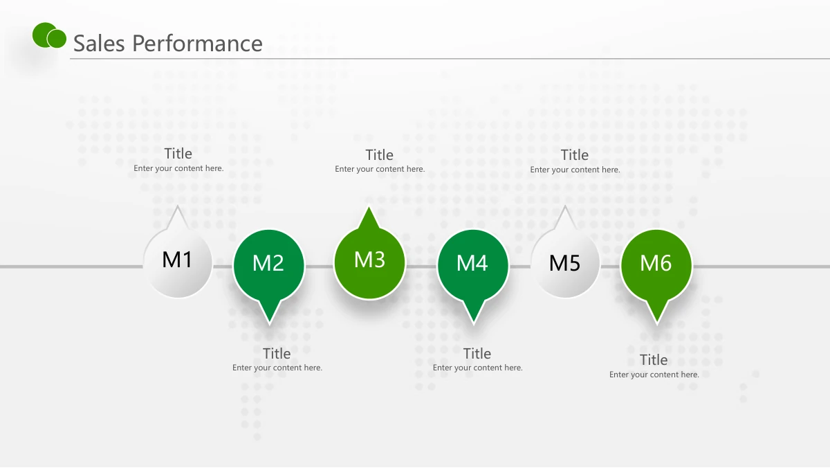 Green Touch Annual Review Presentation Template: Six circular month markers with alternating upward and downward pointers sit along a horizontal line. Short note areas alternate above and below the January-to-June sequence.