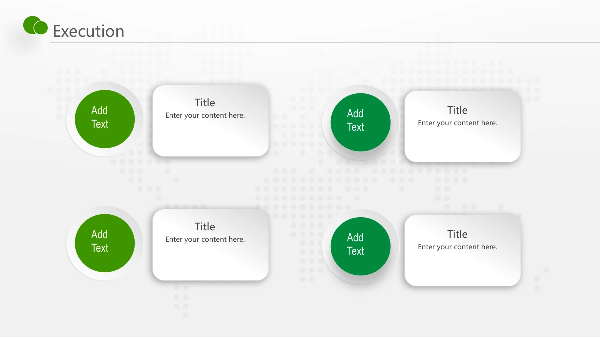 Green Touch Annual Review Presentation Template: Four green circular topic labels attach to raised white rounded paragraph panels. The two-by-two layout gives each topic an equal text area.