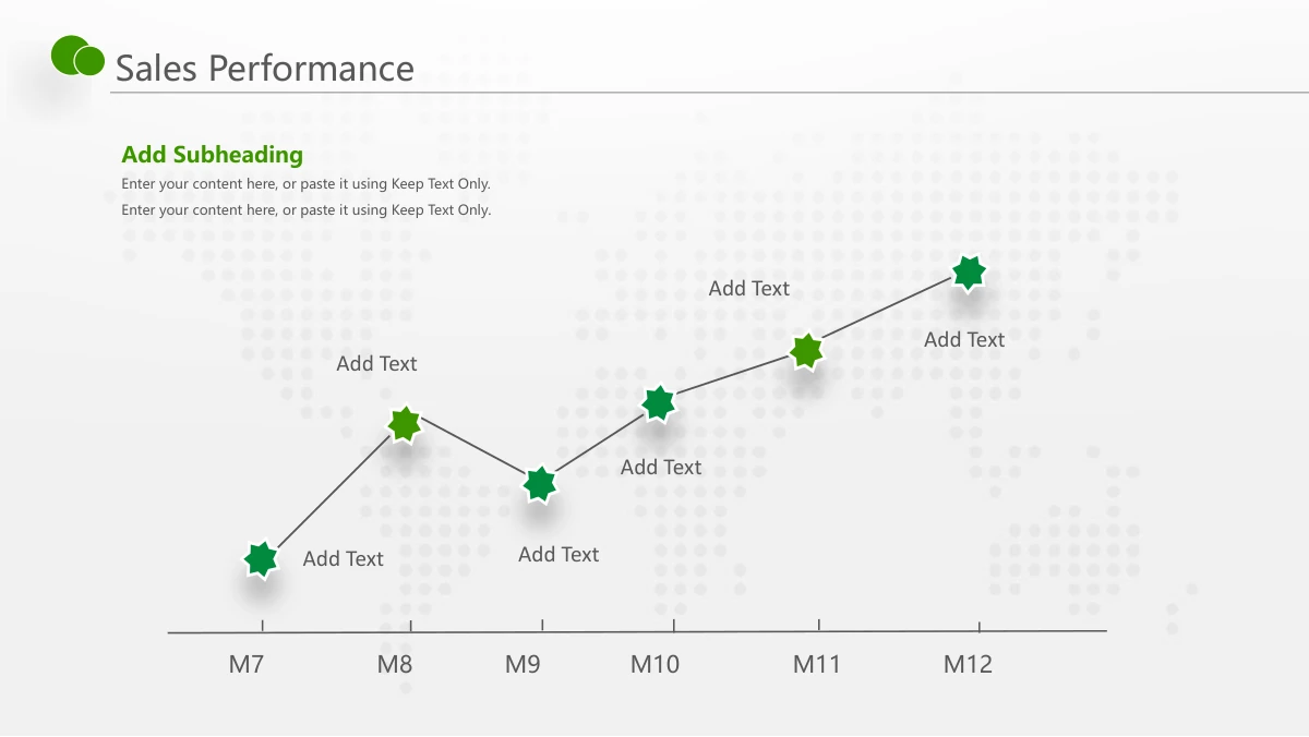 Green Touch Annual Review Presentation Template: Six star-shaped markers form a manual line from July to December. Short notes and month labels accompany the points over the pale dotted world map.