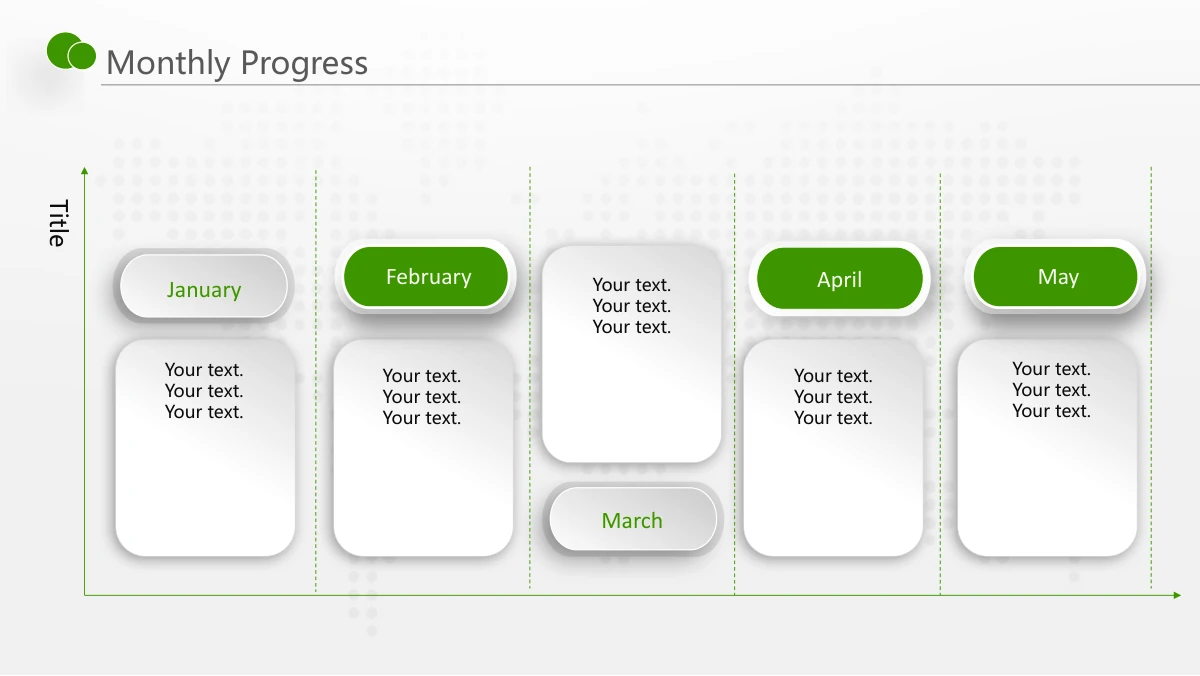 Green Touch Annual Review Presentation Template: Five raised white note cards sit along a horizontal month axis. Dotted vertical separators divide the January-to-May sequence, and the March label sits below its card.