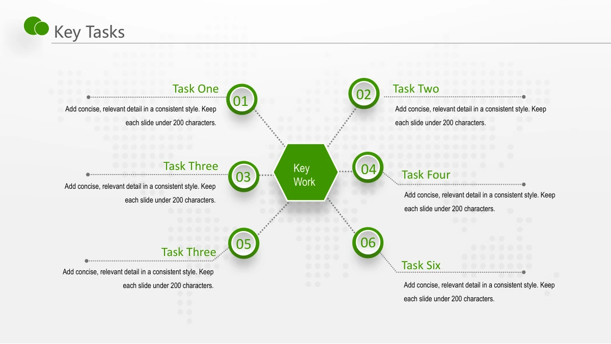 Green Touch Annual Review Presentation Template: A central green hexagon connects to six numbered circles arranged in two columns. Short paragraphs accompany the circles around the shared central topic.