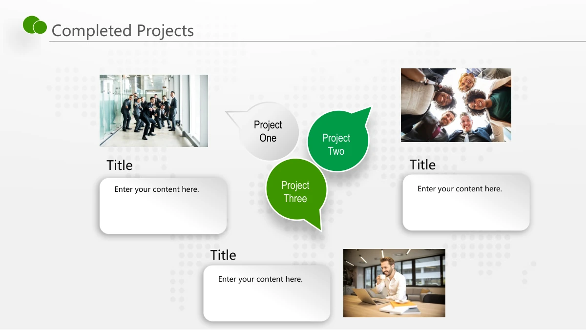 Green Touch Annual Review Presentation Template: Three project photographs and raised white note cards surround a cluster of pointer-circle labels. Two photo groups sit at the top, with the third arranged below.