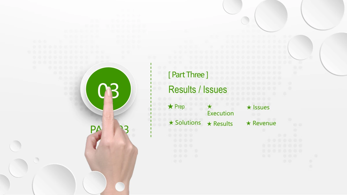 Green Touch Annual Review Presentation Template: A fingertip touches the green 03 chapter disc. The results-and-problems heading and six starred labels sit on the right.
