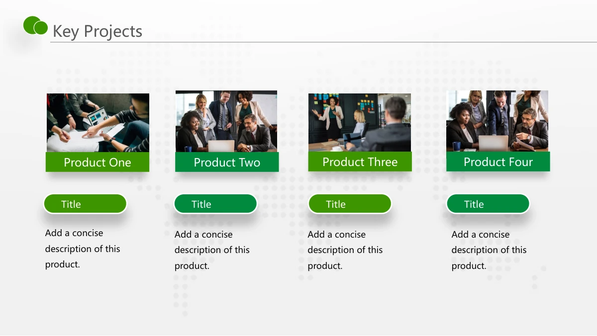 Green Touch Annual Review Presentation Template: Four business photographs form a row of product cards. Green labels, small rounded tags and multiple paragraph areas provide space for product notes.